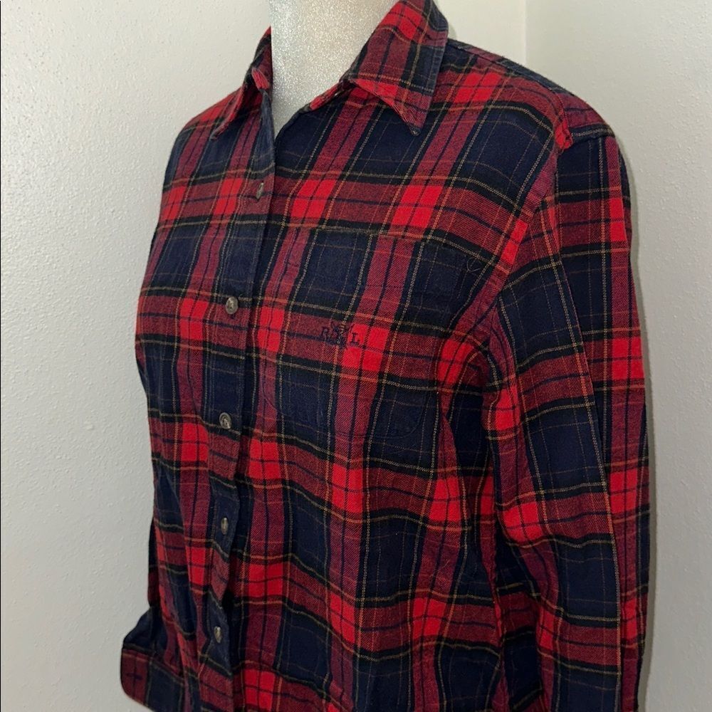 Ralph Lauren red navy blue plaid flannel shirt petite small P S